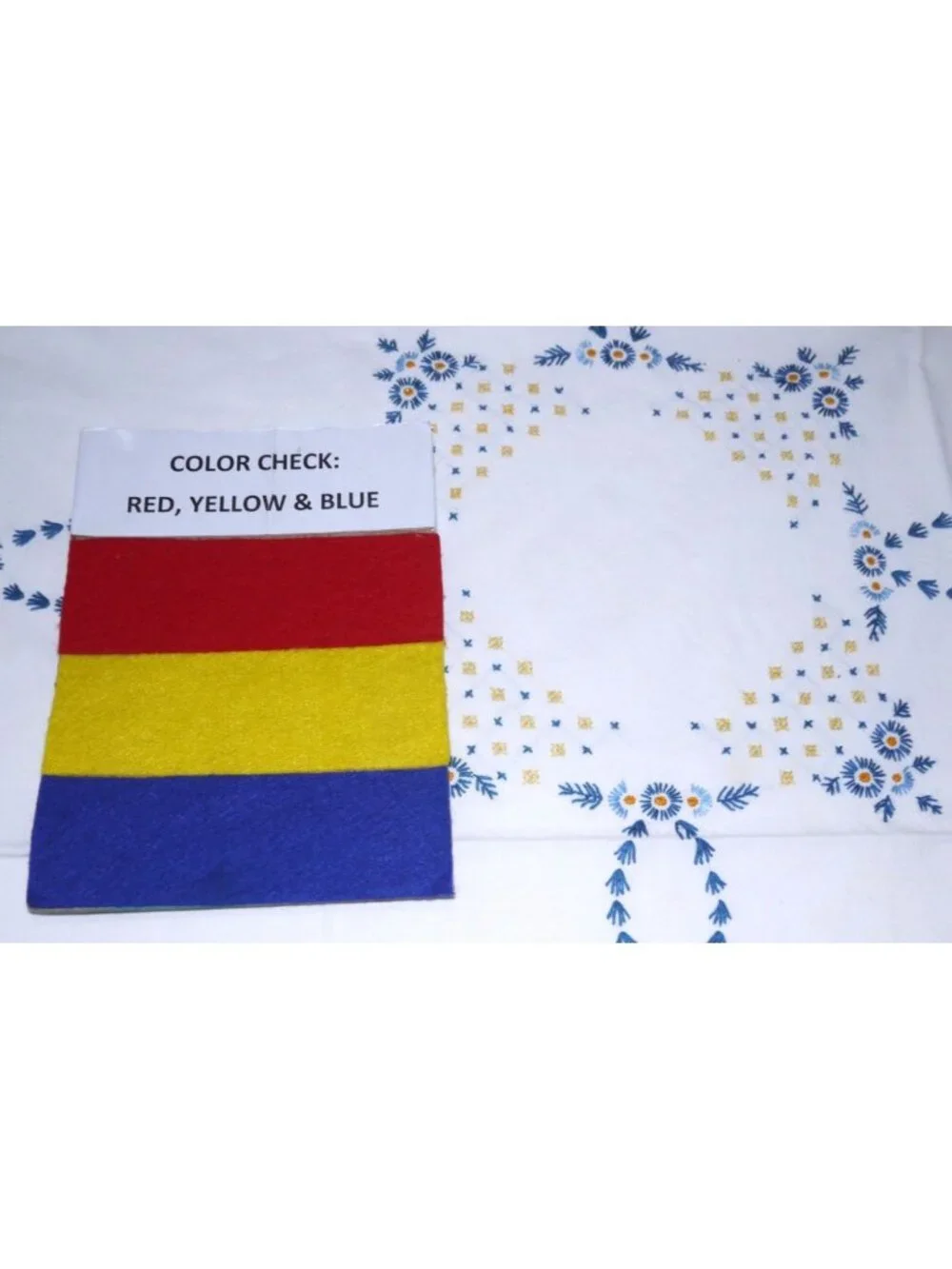 Vintage hand embroidered needlepoint cotton tablecloth blue & yellow 32.5 x 32